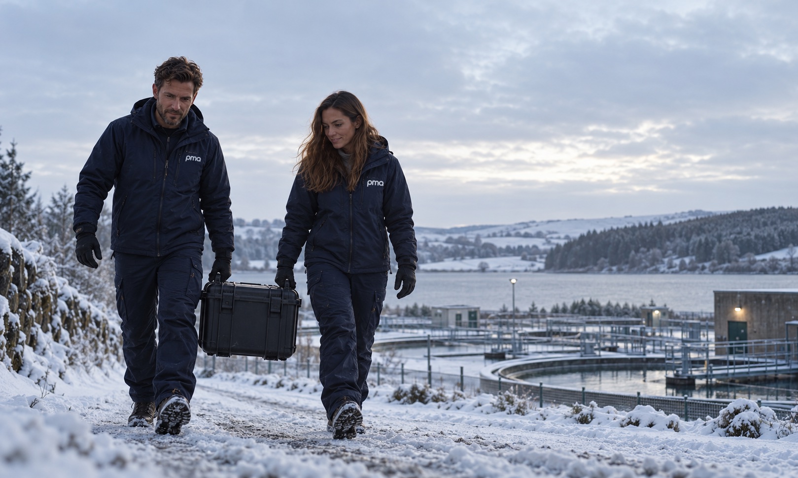 PMA engineers carrying service equipment through a snowy treatment works
