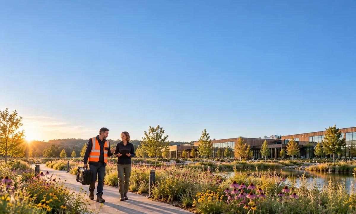 Illustrative photograph of colleagues meeting on a garden path beneath a clear sky