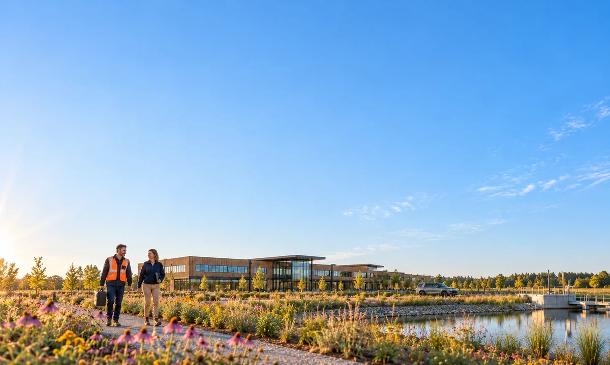 Illustrative photograph of two colleagues walking through a landscaped site