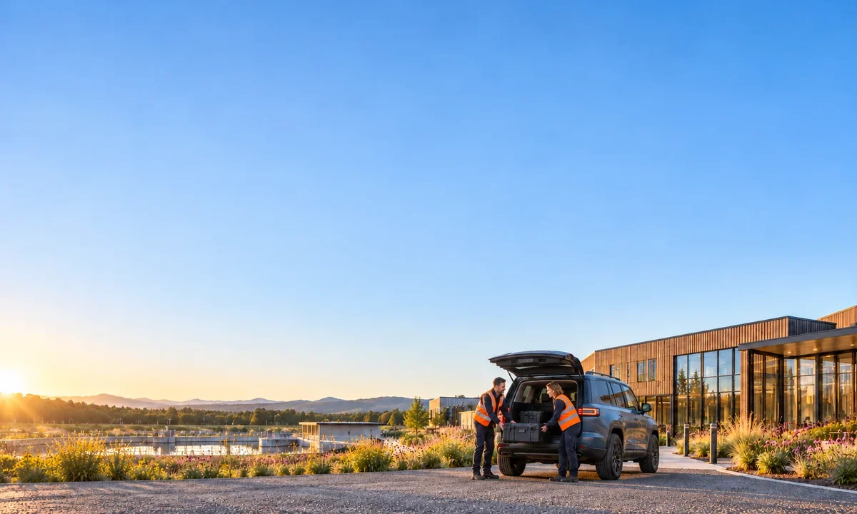 Illustrative outdoor service-departure scene with a broad blue sky