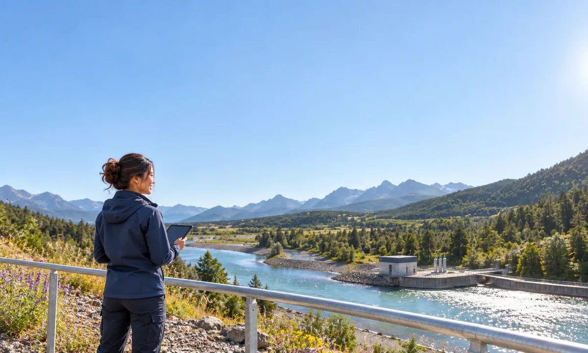 Illustrative photograph of a colleague overlooking a river basin