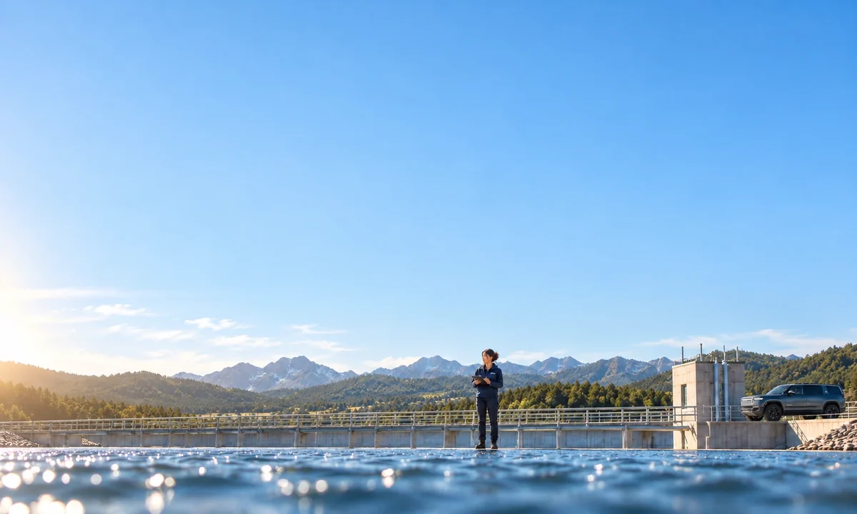 Illustrative photograph of a colleague beside reservoir railings beneath a broad blue sky