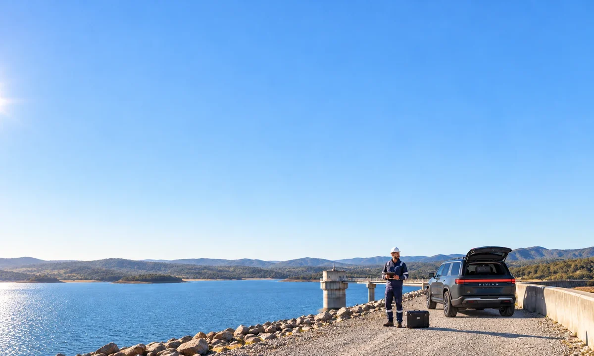 Illustrative reservoir service visit beneath a broad clear blue sky
