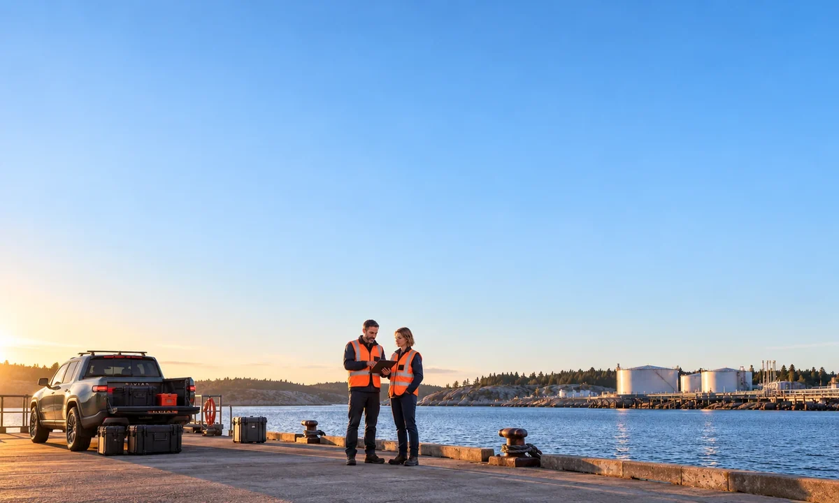 Illustrative photograph of two colleagues beside a coastal pier beneath a blue sky