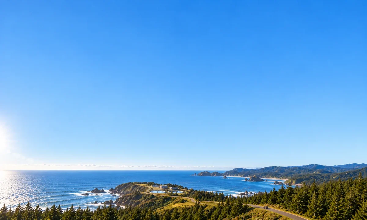 Illustrative aerial view of a green coastline and blue bay beneath a clear sky