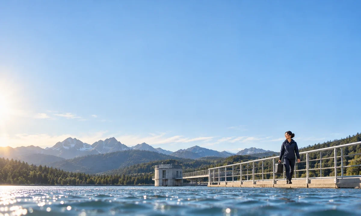 Illustrative photograph of a colleague beside a mountain reservoir under a clear blue sky