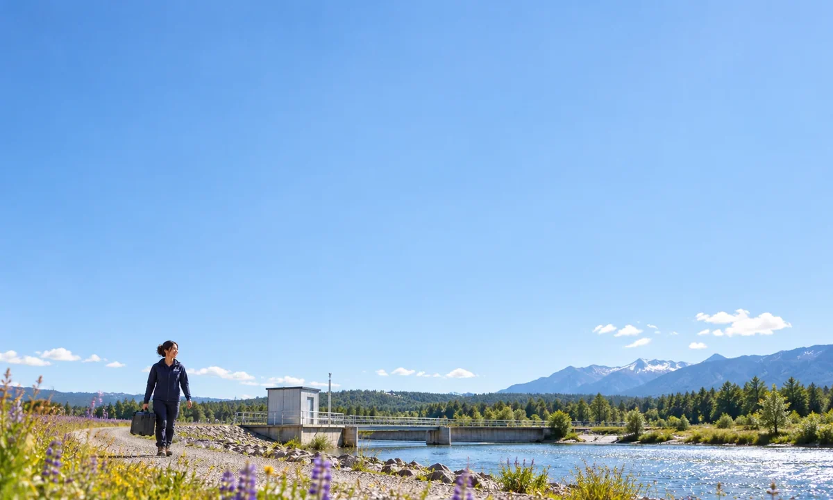 Illustrative riverside monitoring setting and a colleague beneath an open blue sky