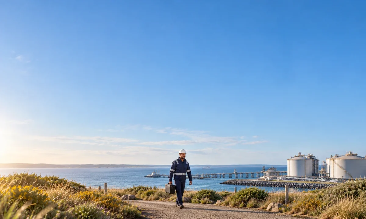 Illustrative coastal process setting with a colleague under a broad blue sky