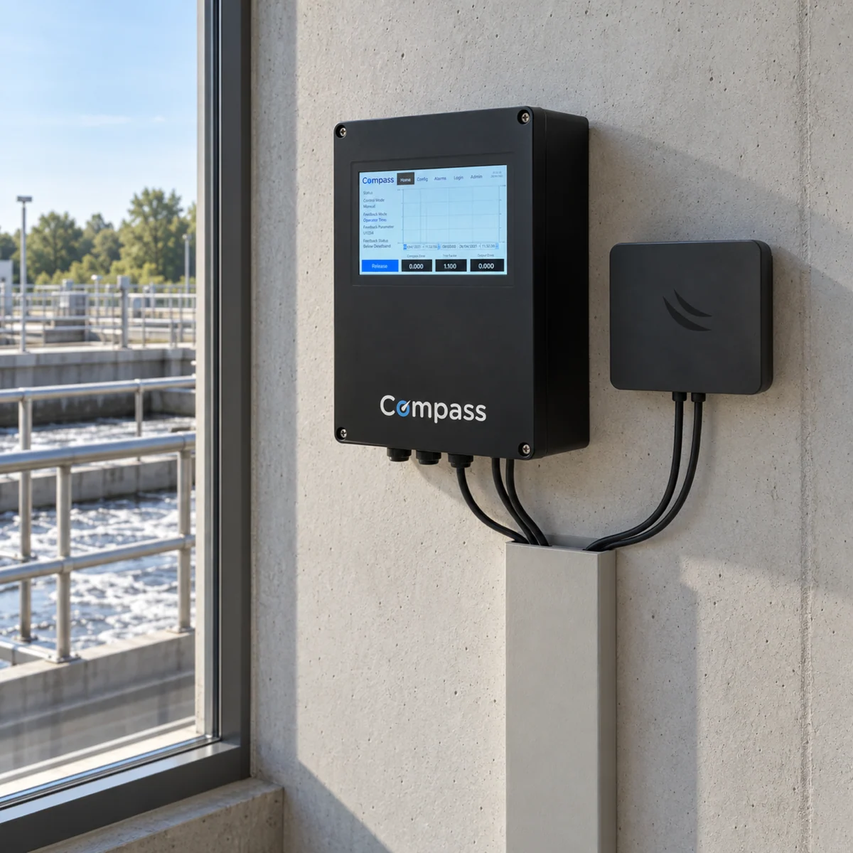 Angled view of a Compass-branded control enclosure in a drinking-water setting