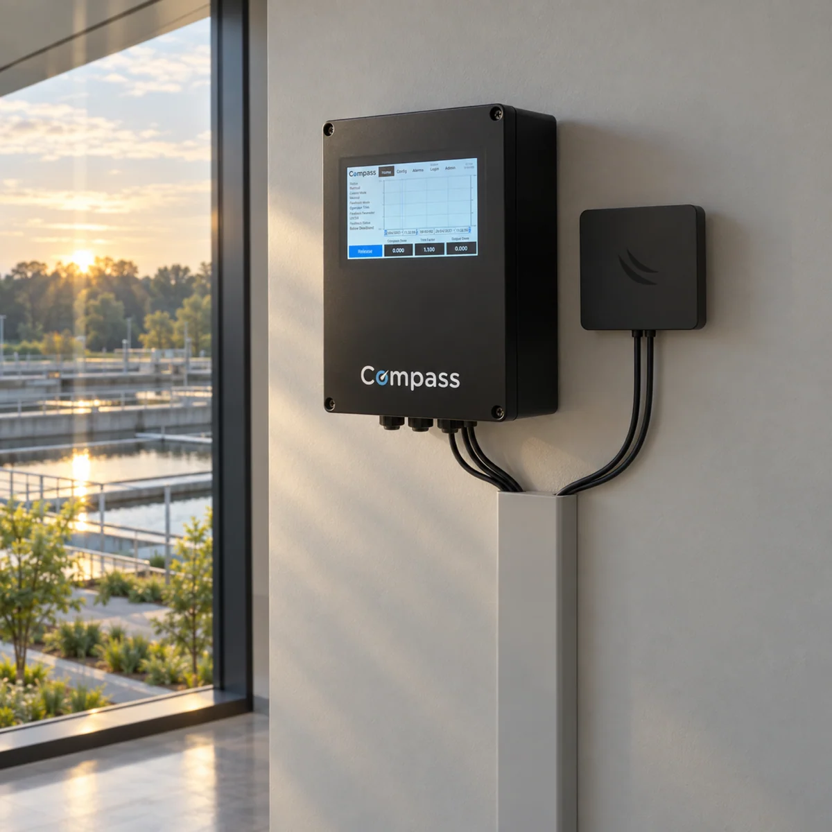 Compass-branded control enclosure beside a water treatment works at dawn