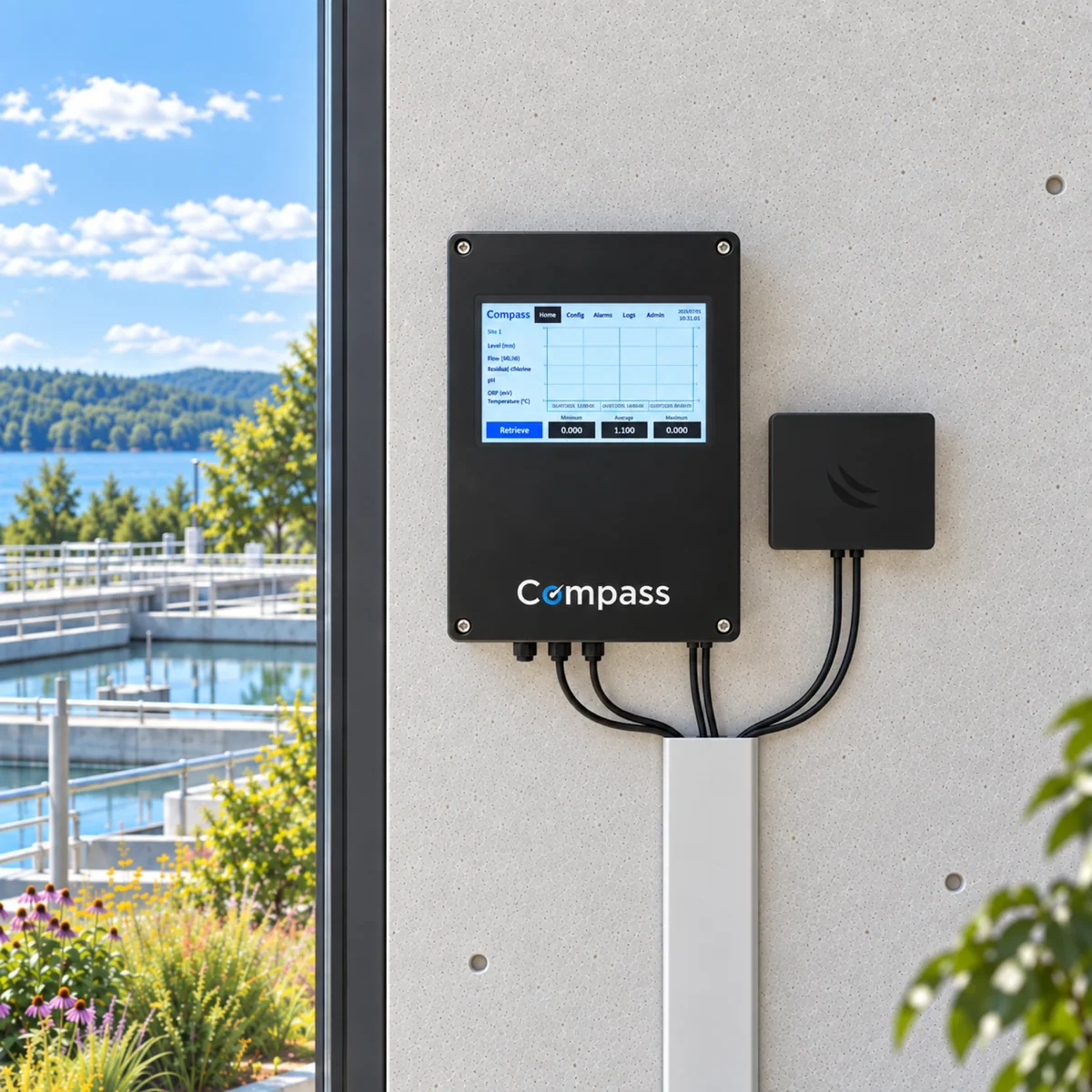 Front view of a Compass-branded control enclosure beside a drinking-water treatment works
