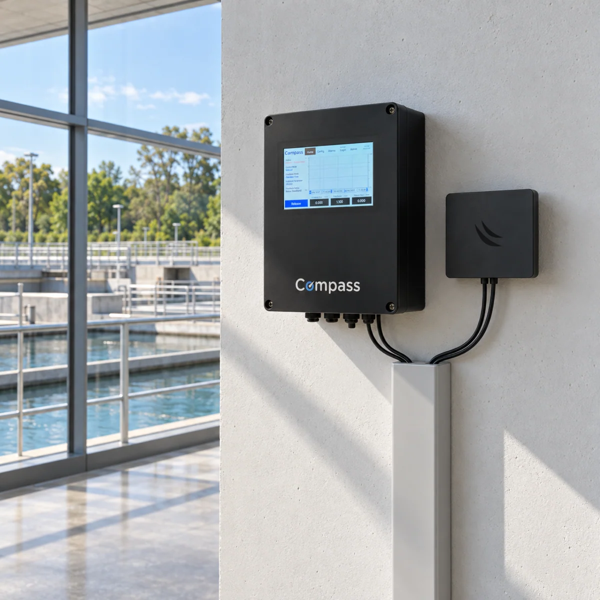 Compass-branded control enclosure beside a wastewater treatment works