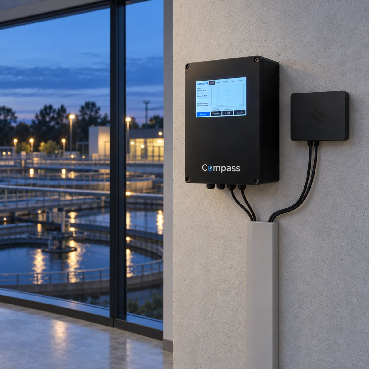 Compass-branded control enclosure at a wastewater works in evening light
