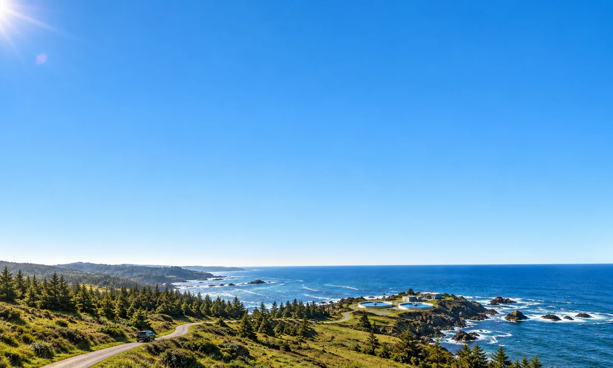 Illustrative coastal landscape with green hills, blue water and a distant treatment site