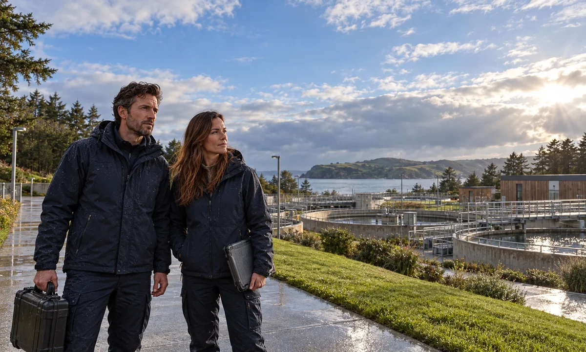Illustrative photograph of two colleagues finishing a site visit as sunlight breaks through the clouds
