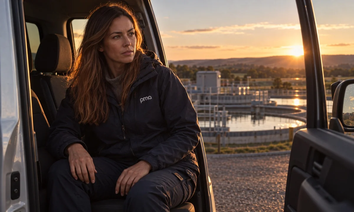PMA colleague at a water works in warm evening light