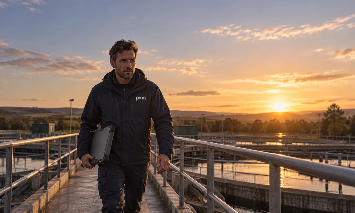 PMA engineer on a waterworks footbridge at sunset