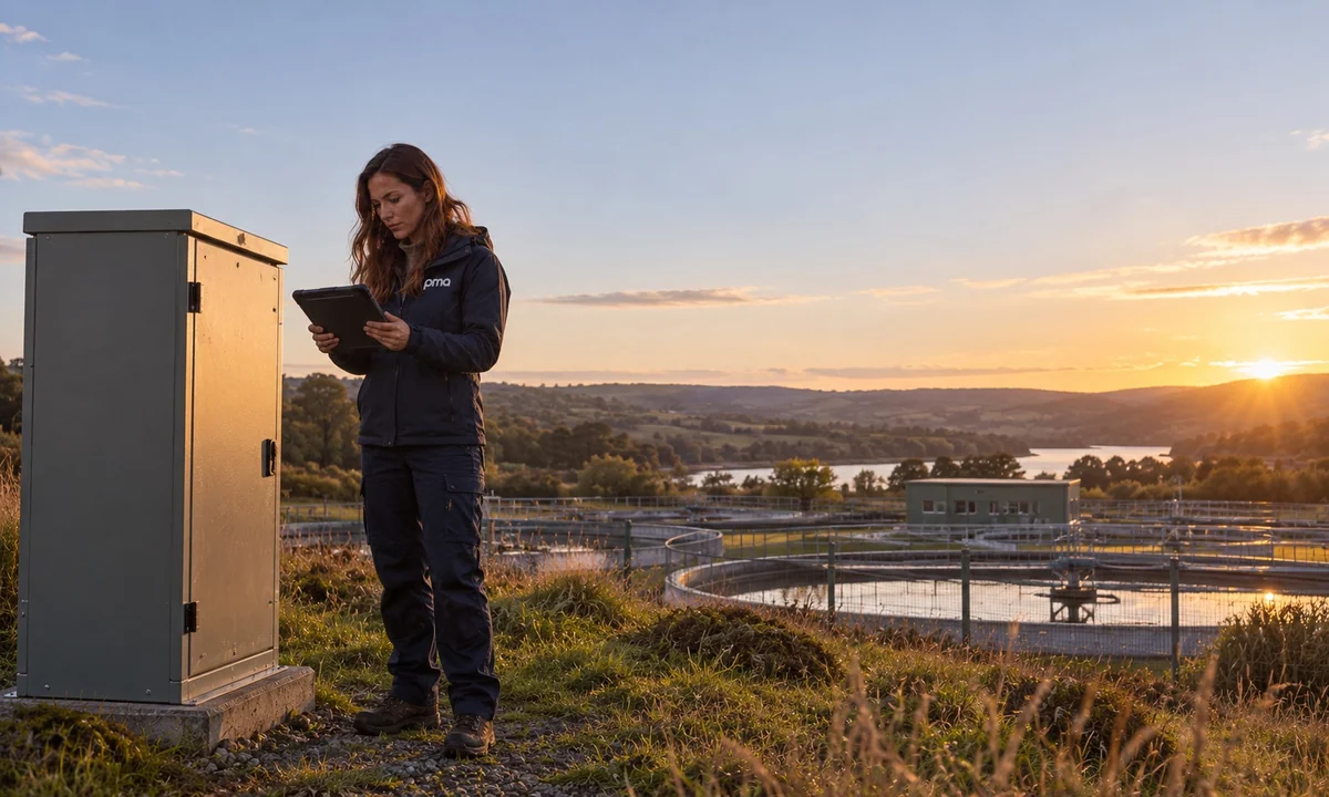 PMA colleague checking a remote water station at sunset