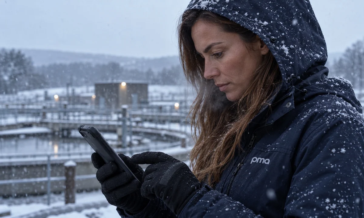 PMA engineer at a snowy water treatment site