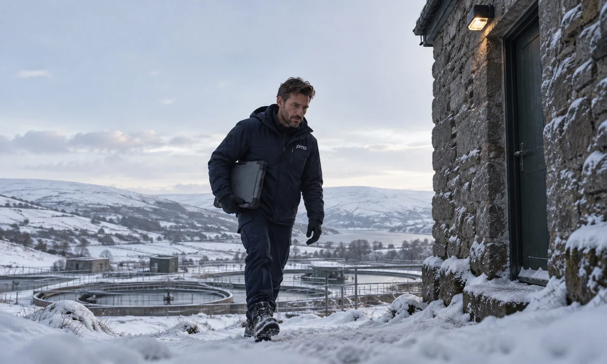 PMA engineer arriving at a snowy water treatment station