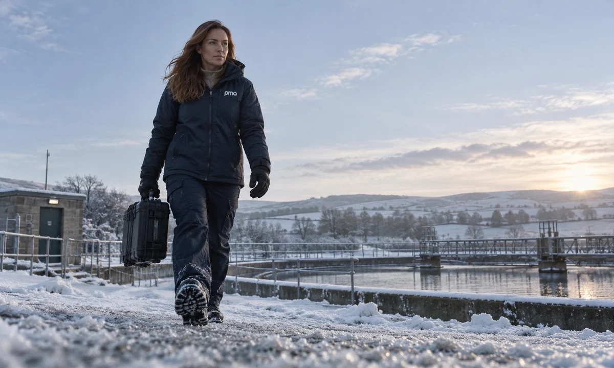 PMA colleague carrying equipment beside a snowy works