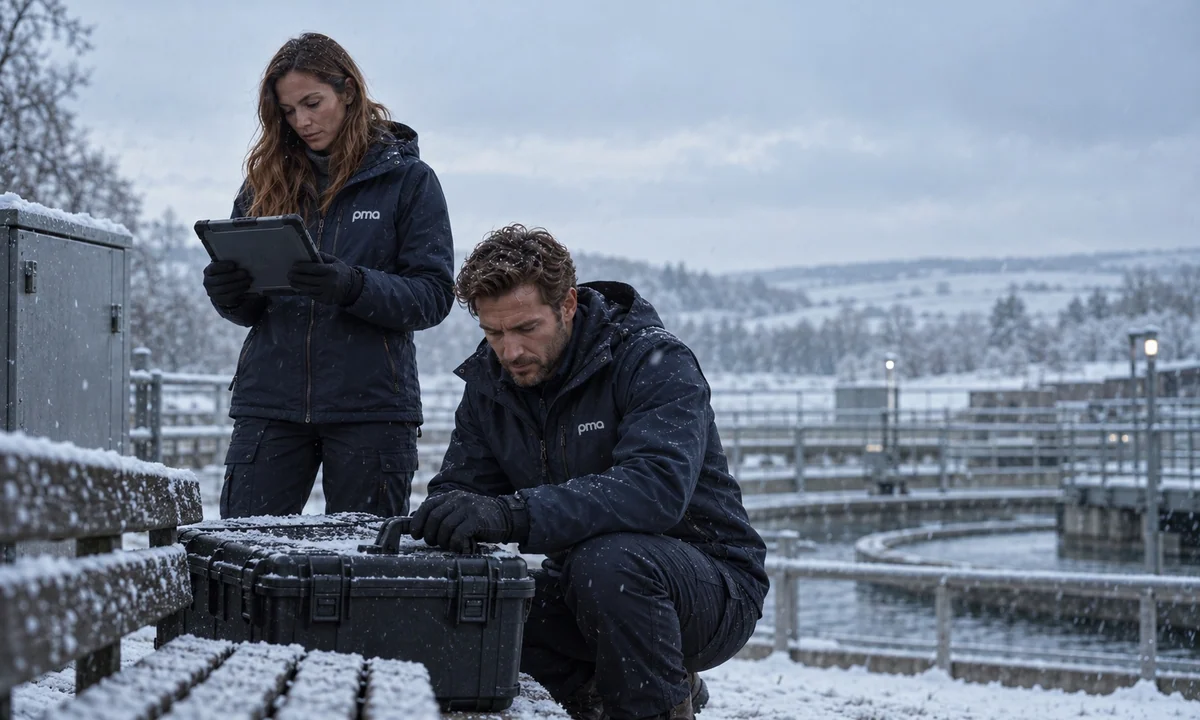 PMA engineer preparing equipment at a snowy treatment site