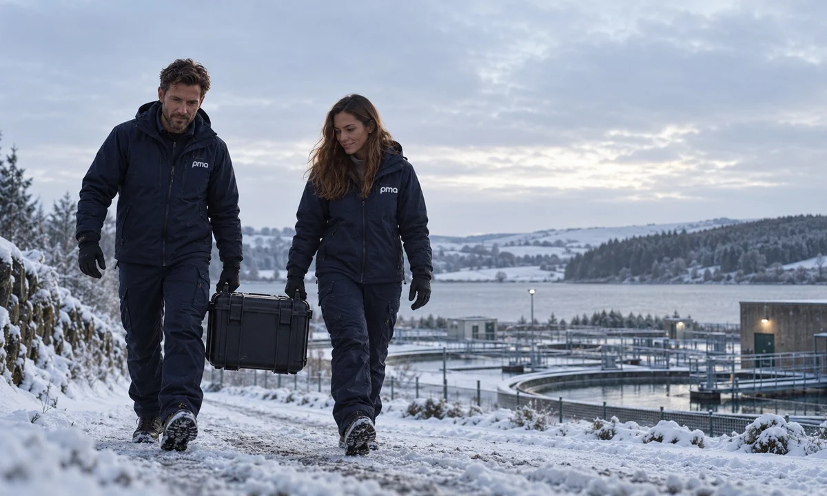 PMA engineers carrying service equipment through a snowy treatment works