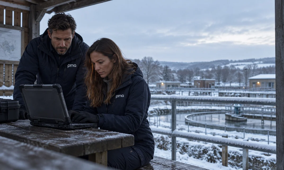 PMA engineers reviewing data at a snowy treatment works