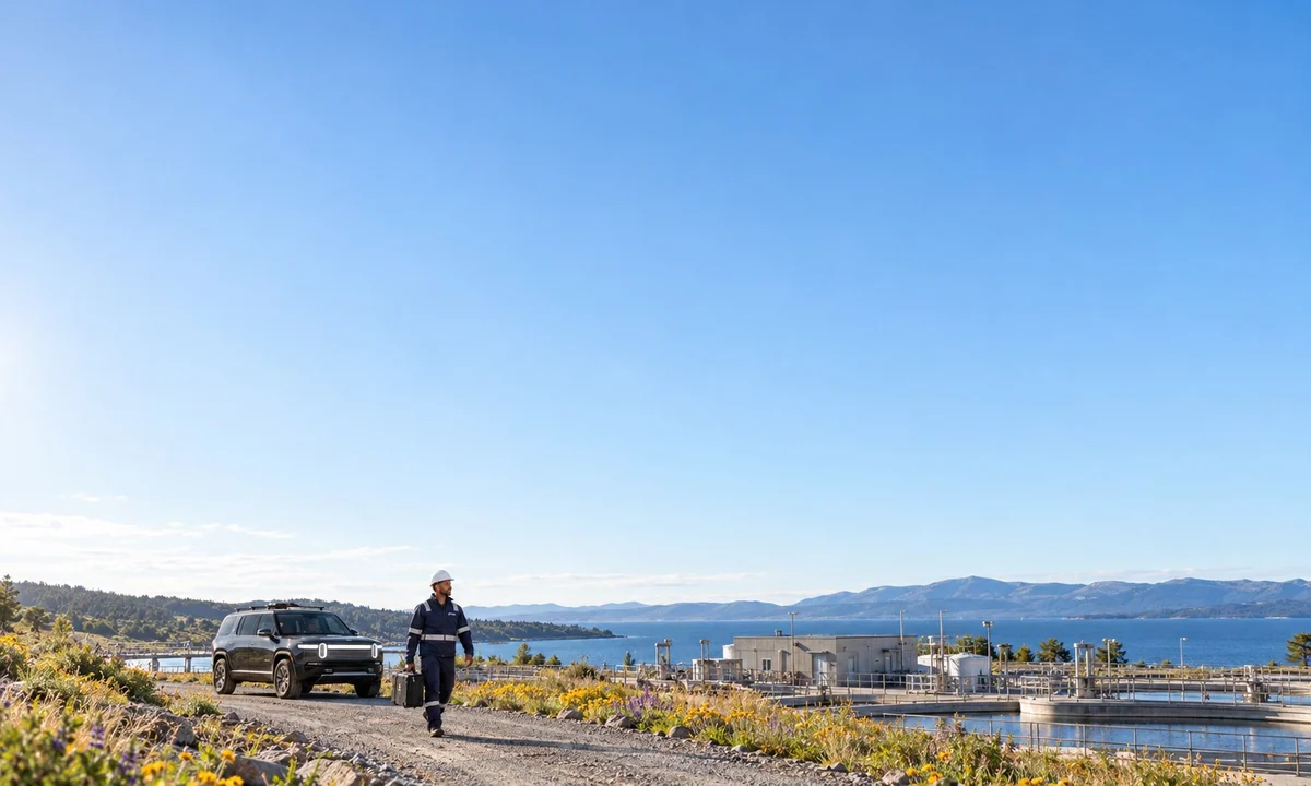 Photograph of an engineer approaching a water process site beneath a broad sky