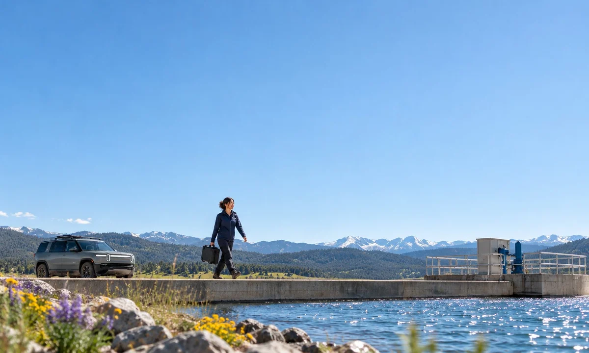 Photograph of a reservoir under an expansive blue sky