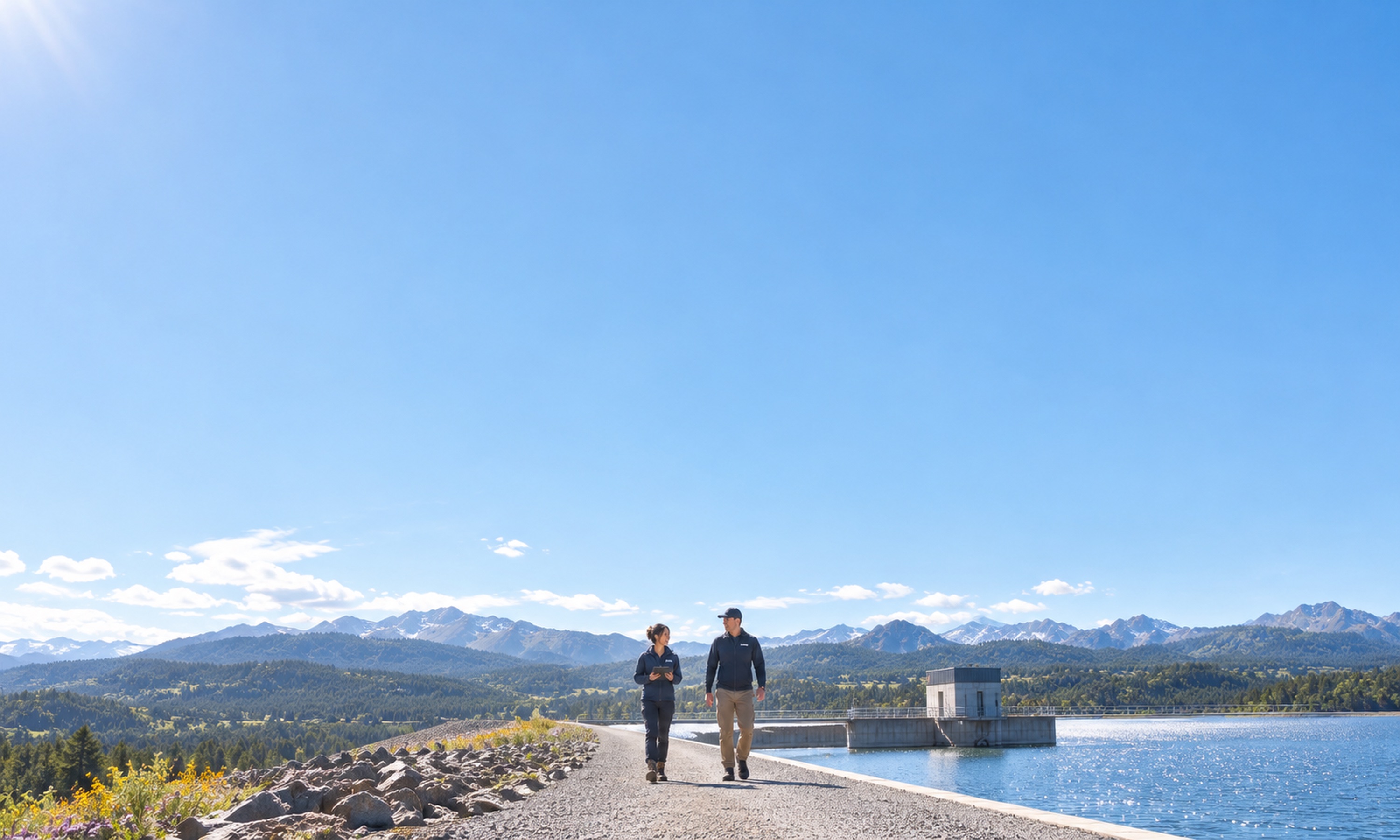 Photograph of two colleagues walking beside a mountain reservoir beneath a wide sky